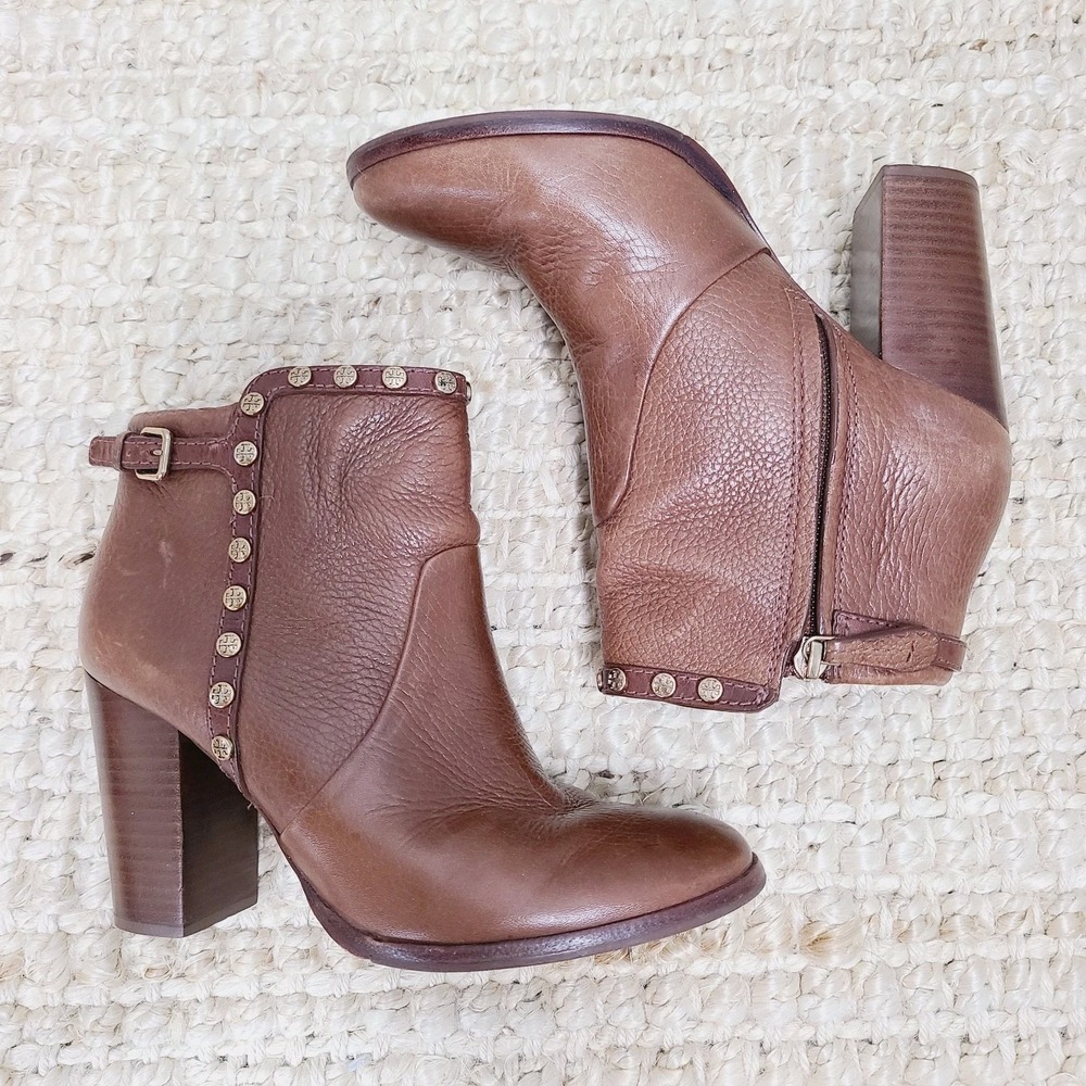 Tory Burch Mae Bootie Heels 7 Brown‎ Leather Studded Ankle Block Platform